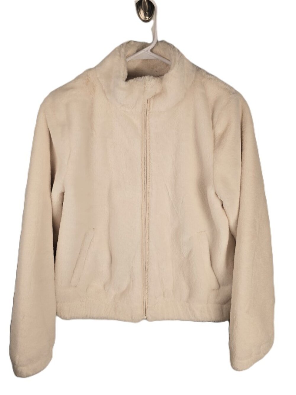 SO Girls Short Faux Fur Coat XL 14/16 Egret White Pockets Zipper Long Sleeves